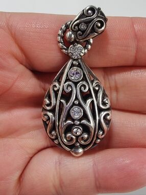 Brighton Vintage Silver Tone Filigree Teardrop Pendant w/ Crystal Accents Ornate
